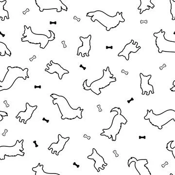 Seamless pattern with cute cartoon dogs breed Welsh Corgi Pembroke on white b Stock Illustration