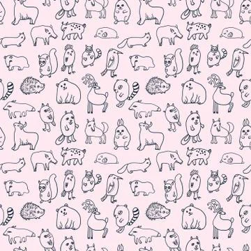Seamless pattern with cute cartoon doodle animals Stock Illustration
