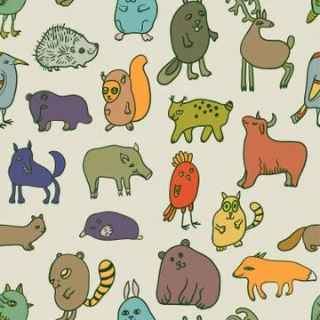 Seamless pattern with cute cartoon doodle animals Stock Illustration