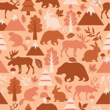 Seamless pattern with cute cartoon , elks, deers, bears, rabbits, beaver, dee Stock Illustration