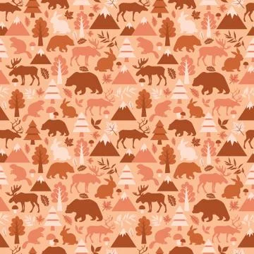 Seamless pattern with cute cartoon , elks, deers, bears, rabbits, beaver, dee Stock Illustration