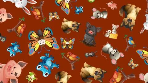 Seamless Pattern of Cute Cartoon Farm and Wildlife Animals Stock Illustration