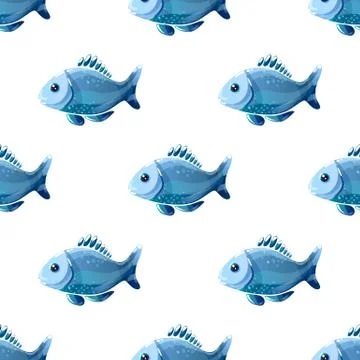 Seamless pattern with cute cartoon fish on white background. Stock Illustration
