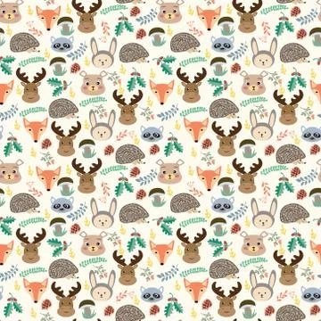 Seamless pattern with cute cartoon forest animals on beige background. Stock Illustration