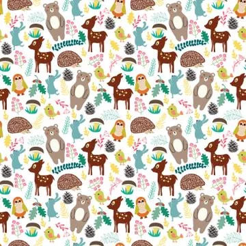 Seamless pattern with cute cartoon forest animals on beige background. Stock Illustration