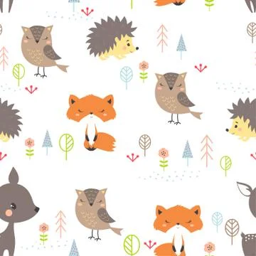 Seamless pattern cute cartoon forest 스톡 일러스트