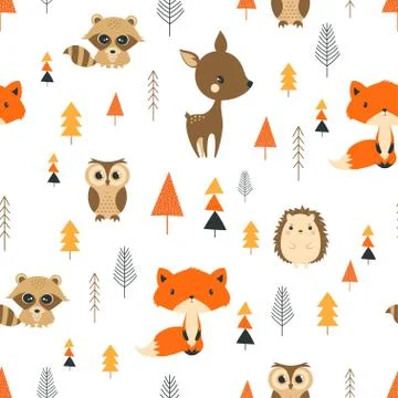 Seamless pattern cute cartoon forest Stock Illustration
