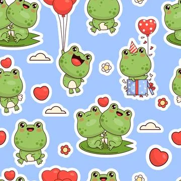 Seamless pattern with cute cartoon frogs. Kawaii animal characters with gift Stock Illustration