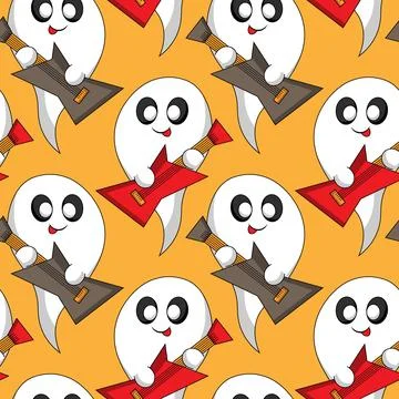 Seamless pattern with Cute cartoon Ghost with electronic guitar 스톡 일러스트