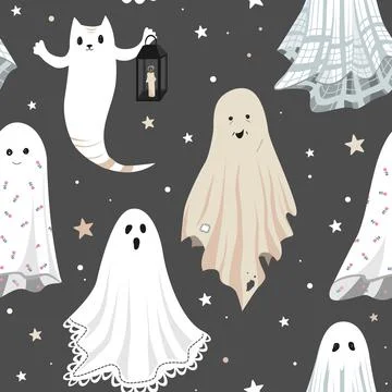 Seamless pattern with cute cartoon ghosts in vintage sheets dressing. Halloween Illustrazione stock