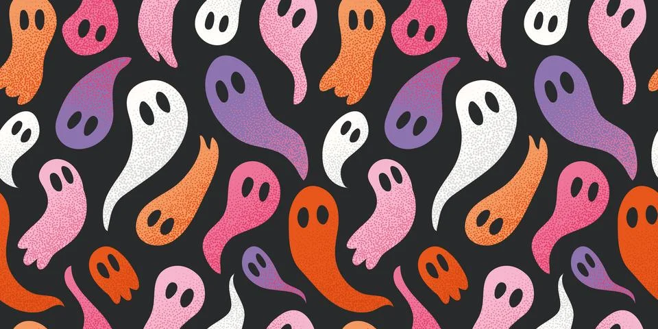 Seamless pattern with cute cartoon ghosts in pink, orange and purple colors with Illustrazione stock