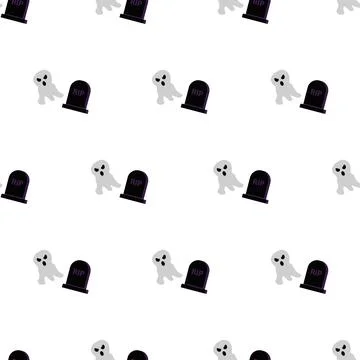Seamless pattern with cute cartoon ghosts and gravestones for Halloween cel.. Stock Illustration