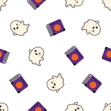 Seamless pattern with cute cartoon ghosts and magic spell books for Hallowe.. Stock Illustration