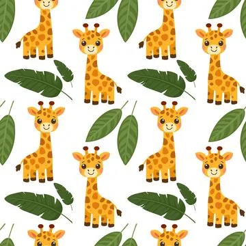 Seamless pattern with cute cartoon giraffes and palm leaves Stock Illustration