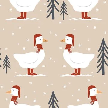 Seamless pattern with cute cartoon goose in red scarf, Santa Claus hat and .. Stock Illustration