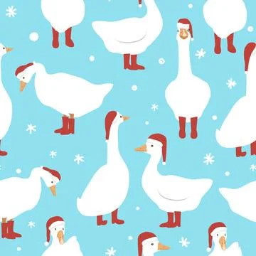 Seamless pattern with cute cartoon goose in Santa Claus hat and red boots. .. Stock Illustration