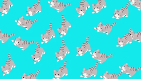 Seamless Pattern of Cute Cartoon Gray Tabby Cats on Bright Cyan Background Stock Footage 345540001