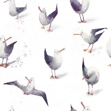 Seamless pattern with cute cartoon gulls Stock Illustration