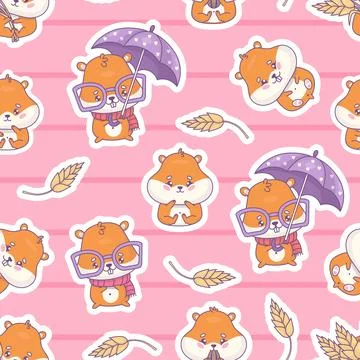 Seamless pattern with cute cartoon hamster characters on pink background wi.. Stock Illustration
