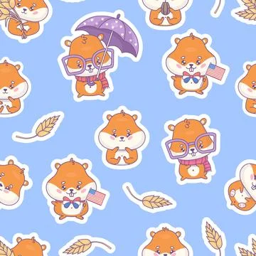 Seamless pattern with cute cartoon hamsters. Funny rodent kawaii character .. Stock Illustration
