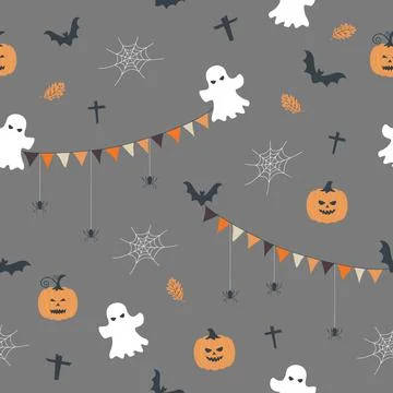 Seamless pattern with cute cartoon hand drawn on halloween theme Stock Illustration