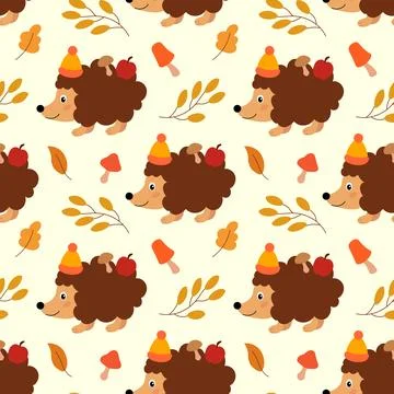 Seamless pattern of cute cartoon hedgehogs with autumn leaves, apple, mushrooms Stock Illustration