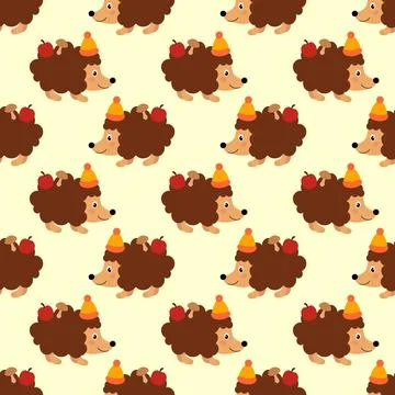 Seamless pattern of cute cartoon hedgehogs with autumn apple, mushroom Stock Illustration