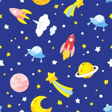 Seamless pattern with cute cartoon kosmic objects. Illustrazione stock