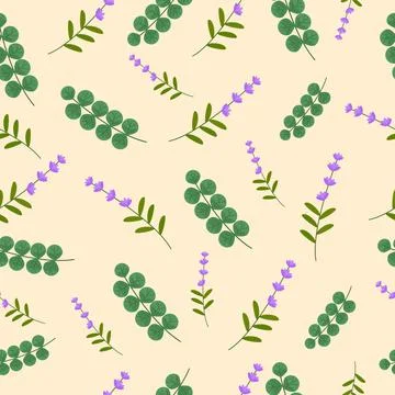 Seamless pattern with cute cartoon lavender flowers and leaves Stock Illustration