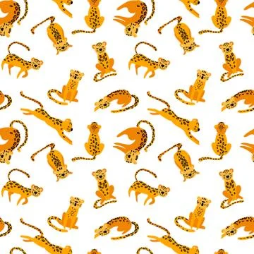 Seamless pattern with cute cartoon leopards Stock Illustration