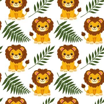 Seamless pattern with cute cartoon lion cubs and tropical leaves Stock Illustration