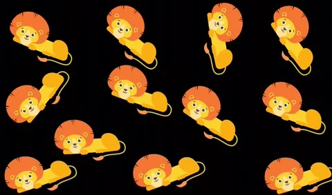 Seamless Pattern of Cute Cartoon Lions Illustration on Solid Black Background Stock Footage 345539201