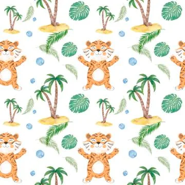 Seamless pattern with cute cartoon lions and tigers with palm and leaves. Hand Stockillustratie