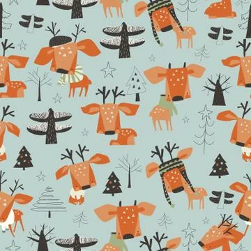 Seamless pattern with cute cartoon little deers in the forest Stock Illustration
