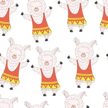 Seamless pattern cute cartoon llama girl alpaca vector graphic design. Stock Illustration