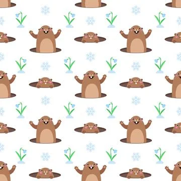 Seamless pattern with cute cartoon marmot, snowflake and flower. Vector ill.. Stock Illustration