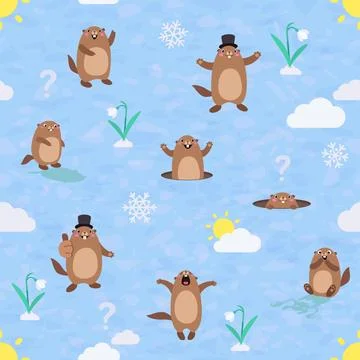Seamless pattern with cute cartoon marmot, snowflake and flower. Vector ill.. Illustrazione stock
