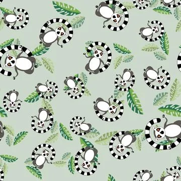 Seamless pattern with cute Cartoon meditating lemur. Stock Illustration