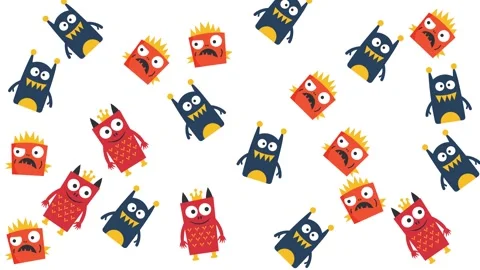 Seamless Pattern of Cute Cartoon Monsters and Fun Creatures on White Background Stock Footage 345539439