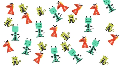 Seamless Pattern of Cute Cartoon Monsters and Alien Creatures on White Stock Footage 345539458