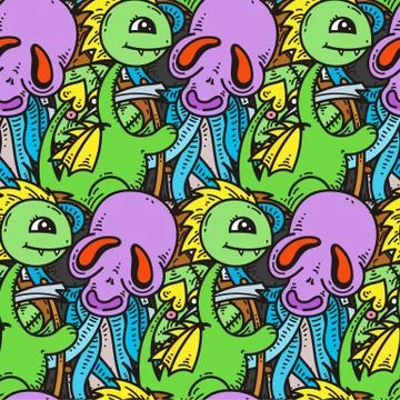 Seamless pattern with cute cartoon monsters. Ready for packaging, wrapping pa 스톡 일러스트