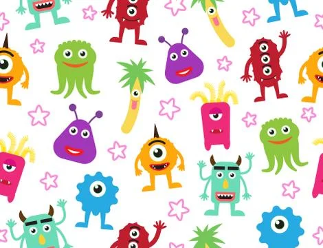 Seamless pattern of cute cartoon monsters background - Vector illustration  Stock Illustration
