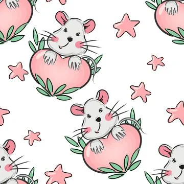 Seamless pattern with cute cartoon mouse with floral elements and heart. Vector Illustrazione stock