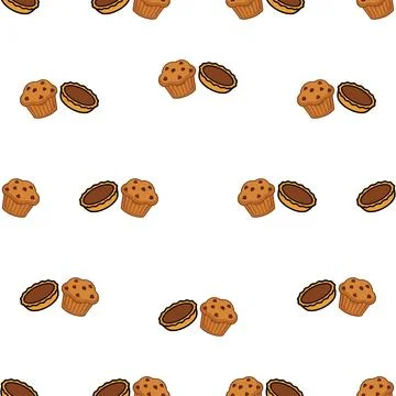 Seamless pattern with cute cartoon muffins and pies on a white background. Illustrazione stock