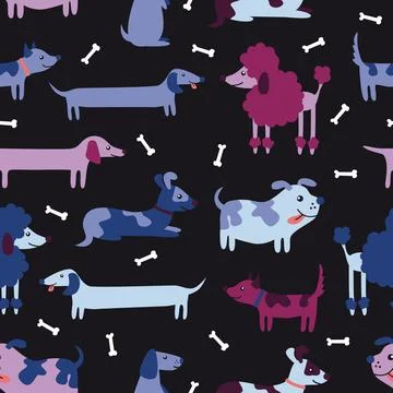 Seamless pattern with cute cartoon multicolored dogs. Stock Illustration