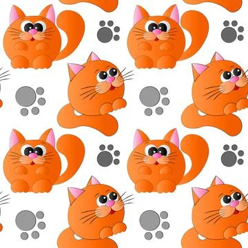 Seamless pattern with cute cartoon orange happy cat Stock Illustration