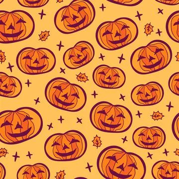 Seamless pattern of cute cartoon orange Halloween pumpkin on yellow background. Stock Illustration