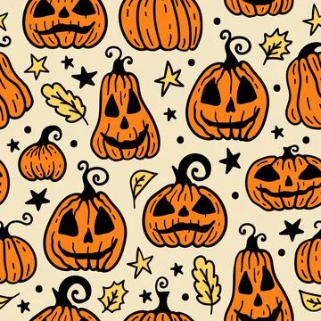 Seamless pattern of cute cartoon orange Halloween pumpkin on light background. Stock Illustration