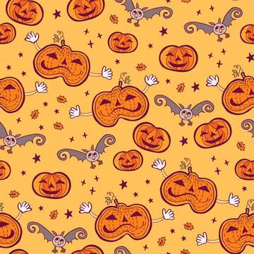 Seamless pattern of cute cartoon orange Halloween pumpkin on yellow background. Stock Illustration