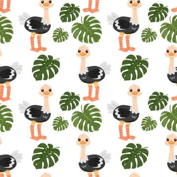Seamless pattern with cute cartoon ostriches and monstera leaves Stock Illustration